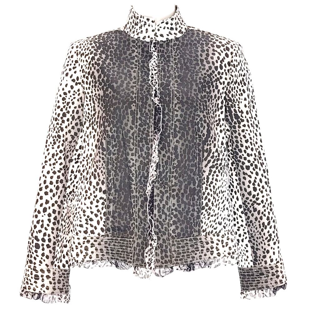Pamela Mccoy Snow Leopard Print Blazer Jacket Ruffle Trim White Black Womens XS